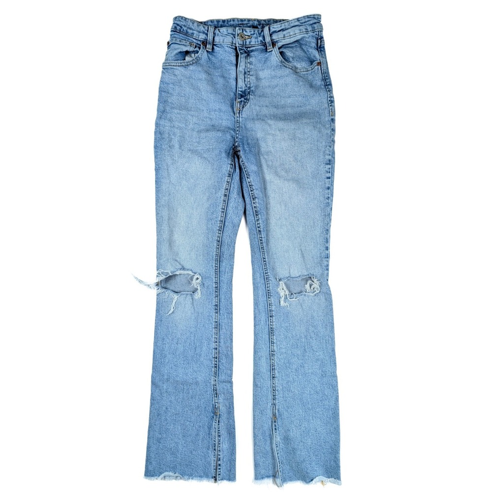 INC Denim Blue Distressed High Rise Flare Raw Hem Jeans Women's Size 6 28x32‎